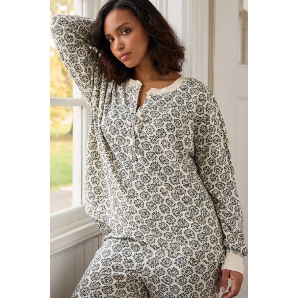 By Anthropologie Waffle-Knit Pajama Top Floral Henley Oversized Loungewear S